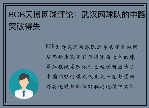 BOB天博网球评论：武汉网球队的中路突破得失